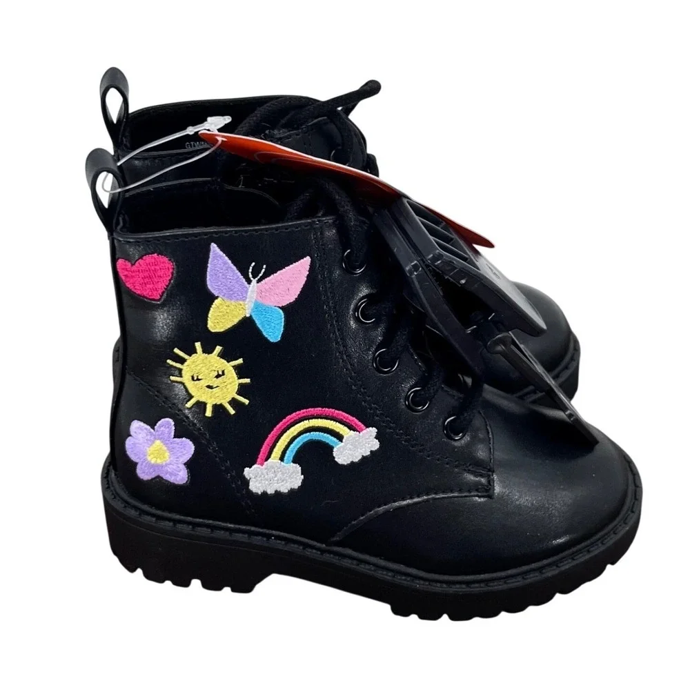 Wonder Nation Combat Boots Girls Size 7 Black Rainbow Butterfly Patches Kidcore